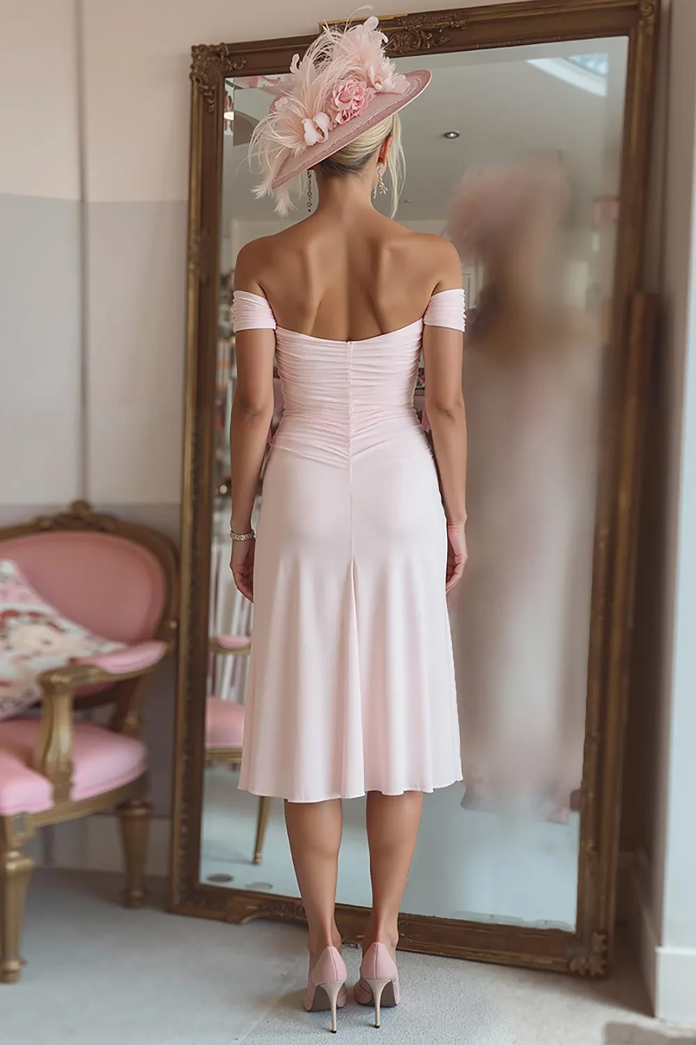 Off The Shoulder Ruched Candy Pink Mother Of The Bride Dress with Slit sold by Zapaka product image thumbnail 2