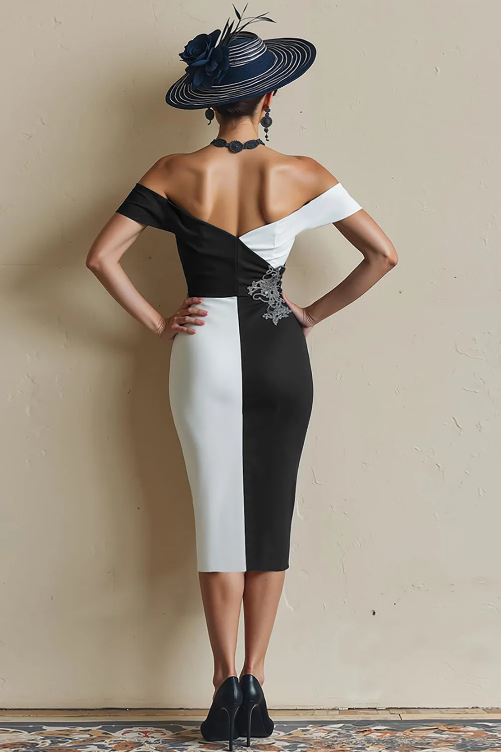 Black and White Off The Shoulder Bodycon Midi Mother Of The Bride Dress with Slit sold by Zapaka product image thumbnail 2