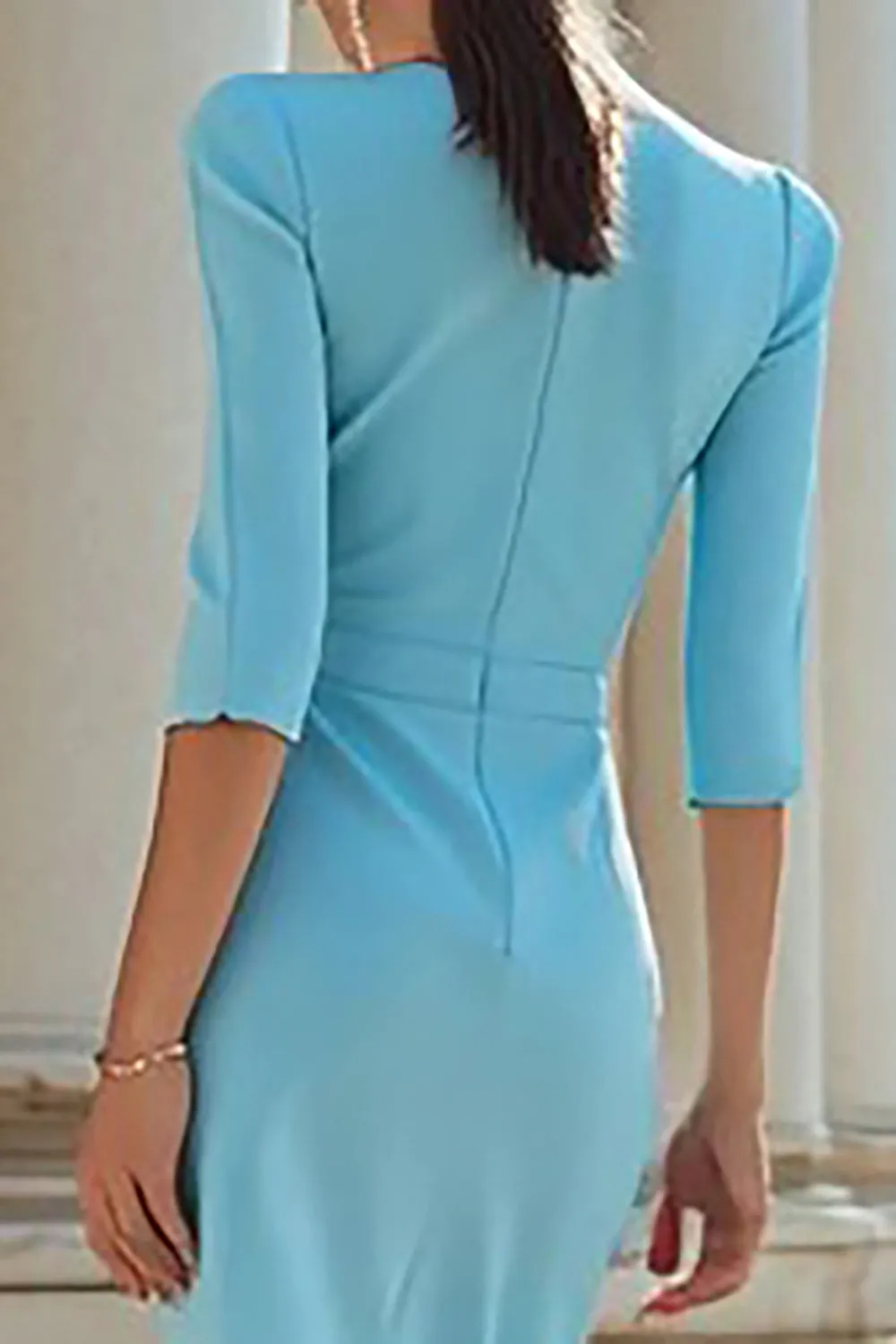 Light Blue Bodycon Half Sleeves Pleated Midi Work Dress sold by Zapaka product image thumbnail 4