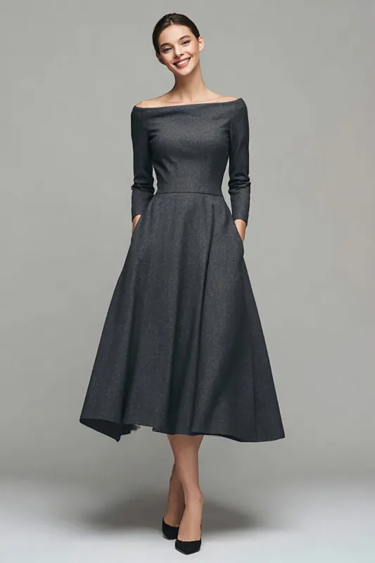 Dark Grey A Line Bateau Neck Work Dress with Long Sleeves sold by Zapaka