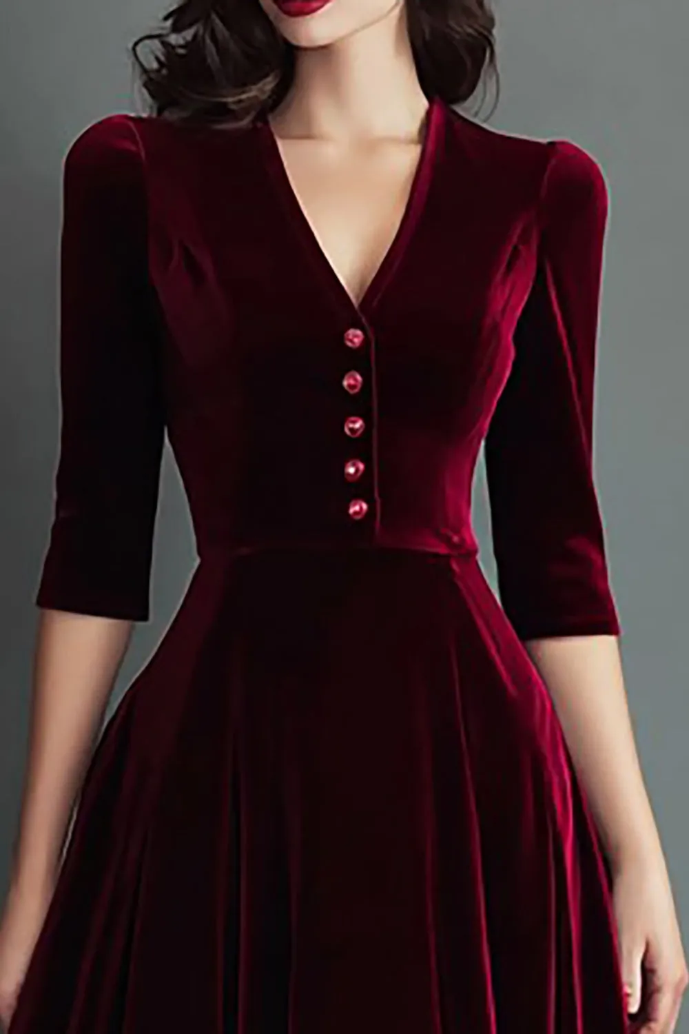 Burgundy A Line Velvet V-Neck Work Dress with Half Sleeves sold by Zapaka product image thumbnail 3