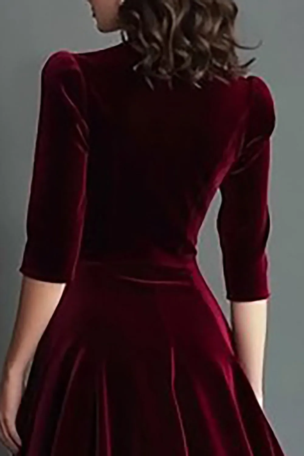 Burgundy A Line Velvet V-Neck Work Dress with Half Sleeves sold by Zapaka product image thumbnail 4