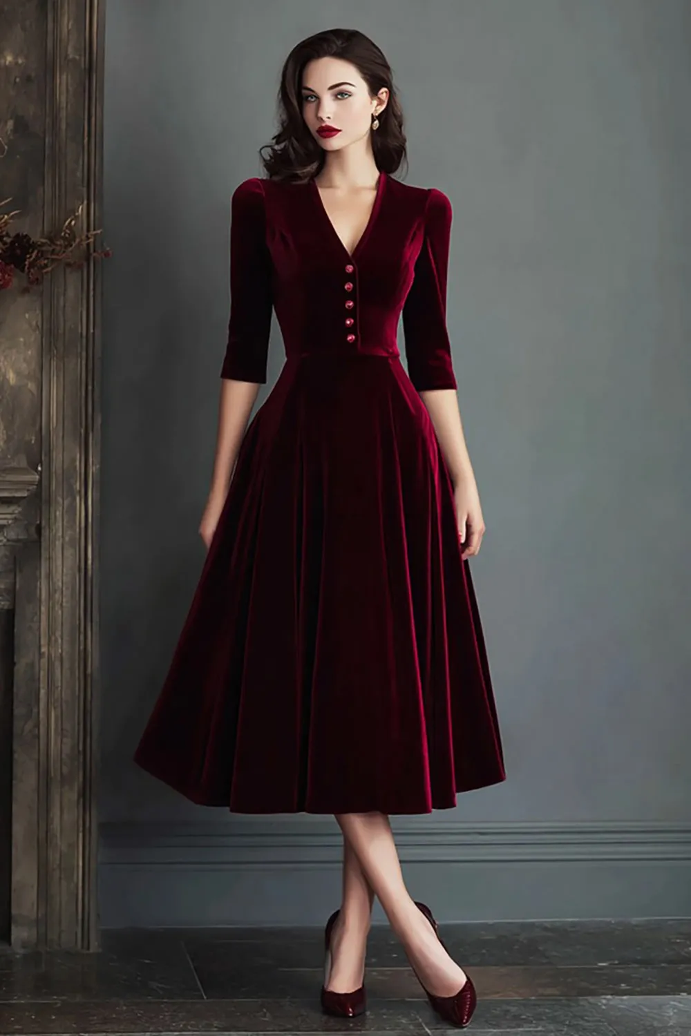 Burgundy A Line Velvet V-Neck Work Dress with Half Sleeves sold by Zapaka