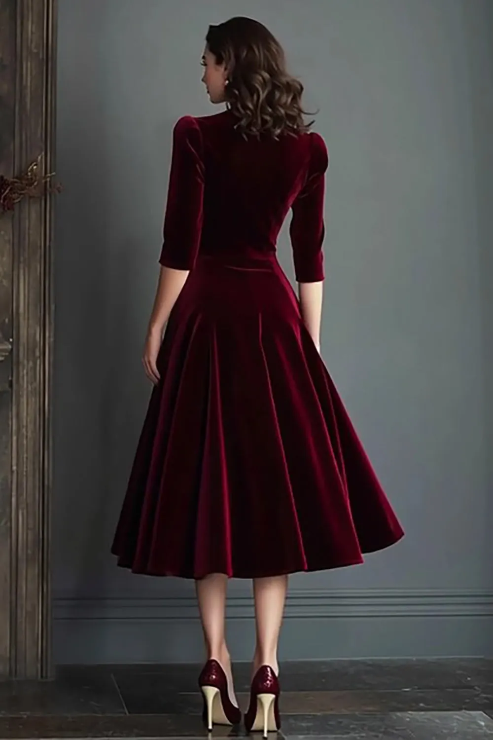 Burgundy A Line Velvet V-Neck Work Dress with Half Sleeves sold by Zapaka product image thumbnail 2