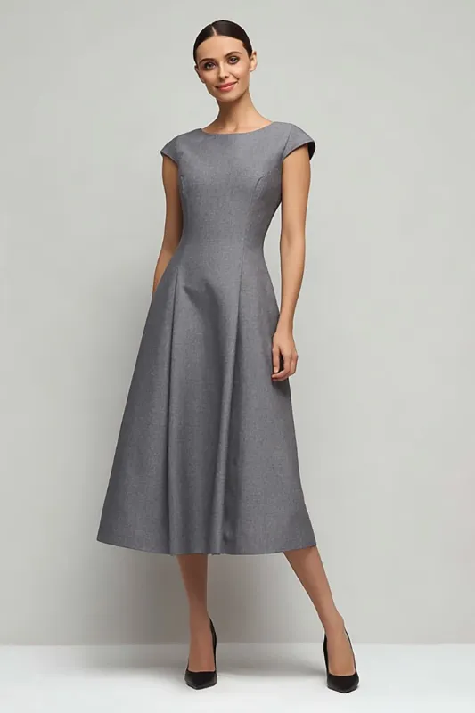 Simple Grey A Line Cap Sleeves Long Work Dress sold by Zapaka