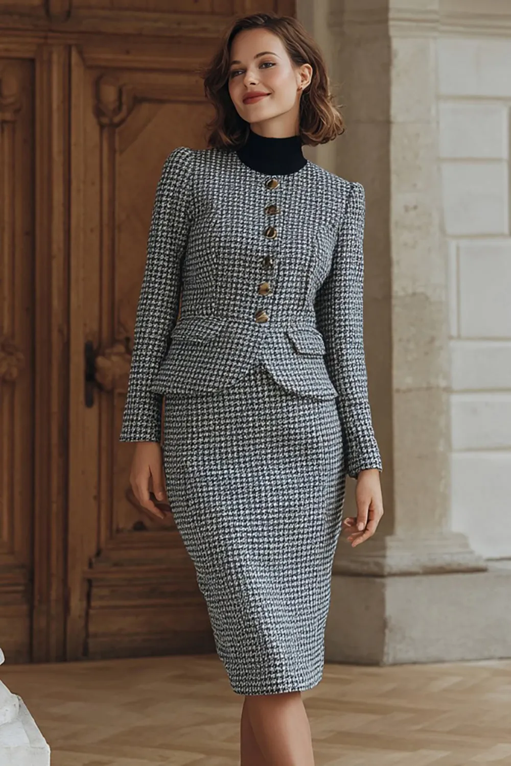 Grey 2 Piece Tweed Pencil Midi Work Dress sold by Zapaka