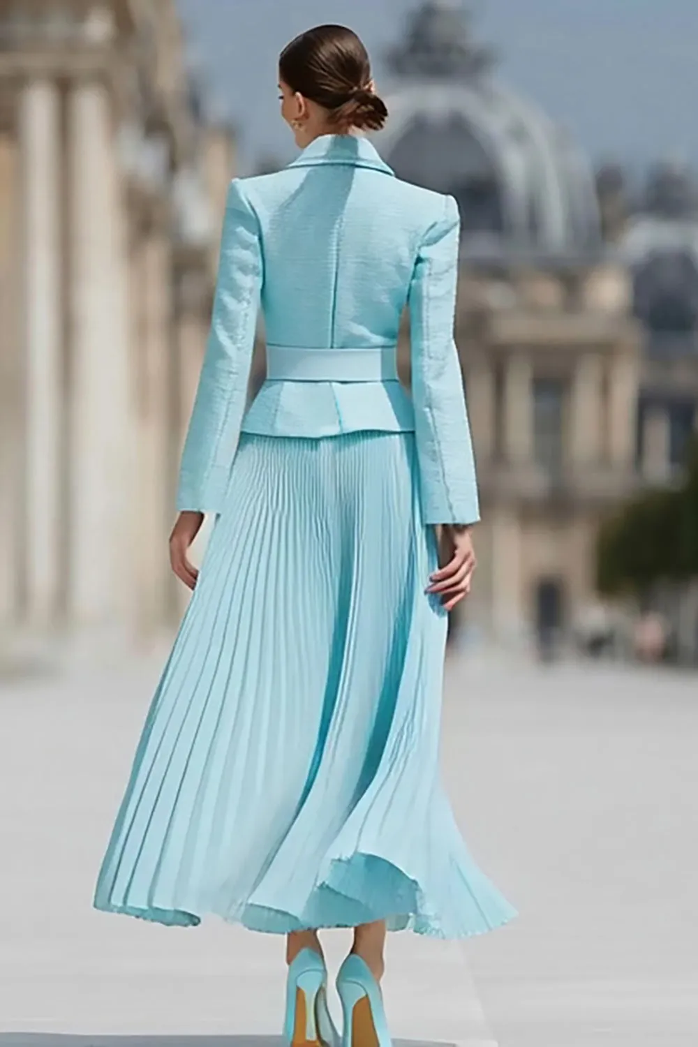 Light Blue 2 Piece A Line Notched Lapel Pleated Work Dress sold by Zapaka product image thumbnail 2