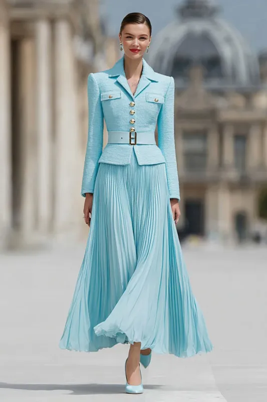 Light Blue 2 Piece A Line Notched Lapel Pleated Work Dress sold by Zapaka