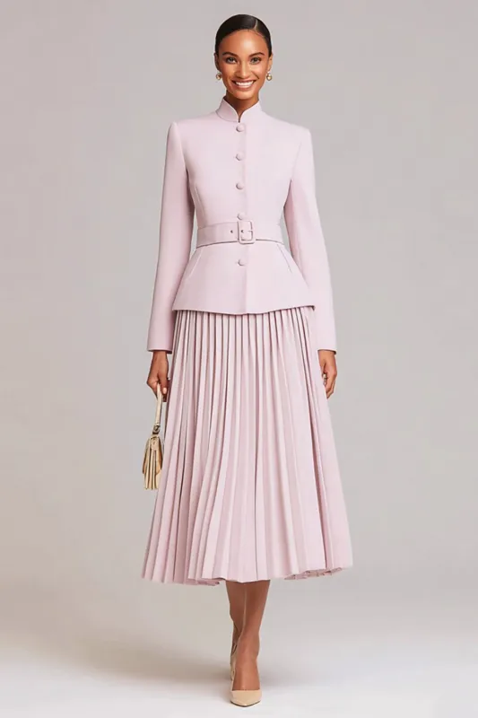 Light Pink A Line 2 Piece Pleated Work Dress with Belt sold by Zapaka