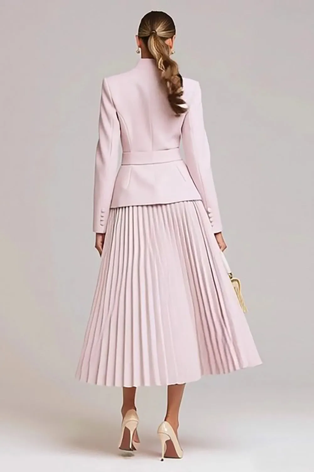 Light Pink A Line 2 Piece Pleated Work Dress with Belt sold by Zapaka product image thumbnail 2