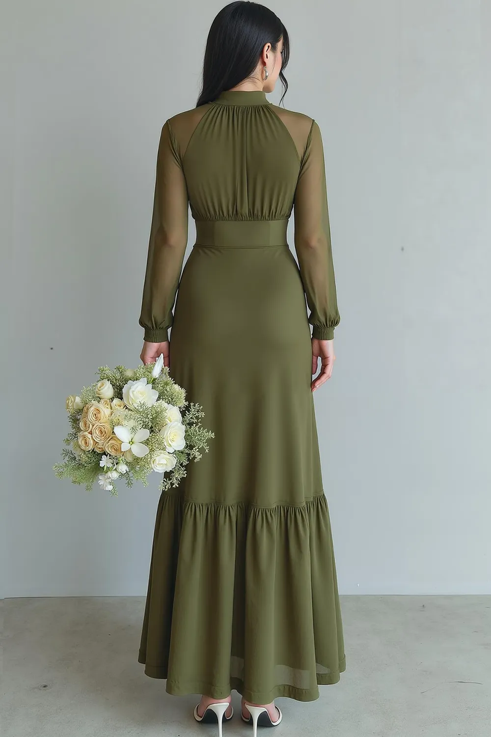 Olive High Neck Sheath Ruffled Bridesmaid Dress with Long Sleeves sold by Zapaka product image thumbnail 2