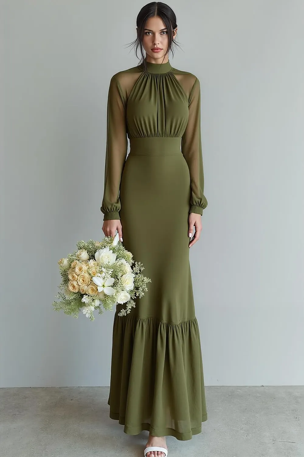 Olive High Neck Sheath Ruffled Bridesmaid Dress with Long Sleeves sold by Zapaka