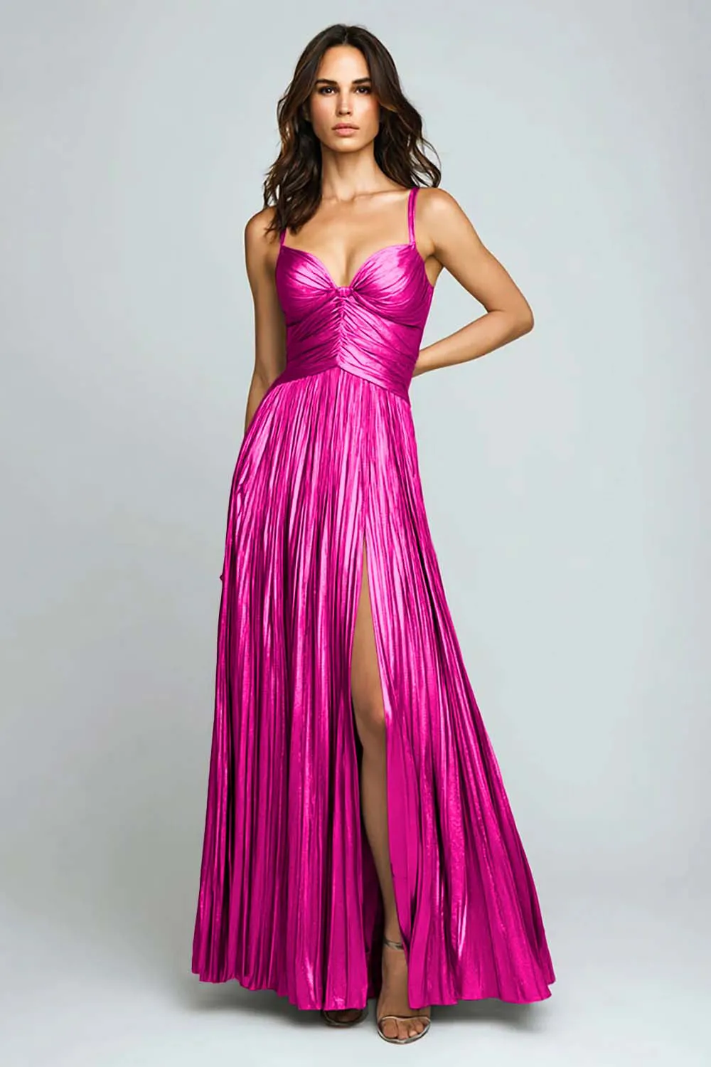 Sliver A Line Metallic Pleated Formal Dress With Slit sold by Zapaka product image thumbnail 5