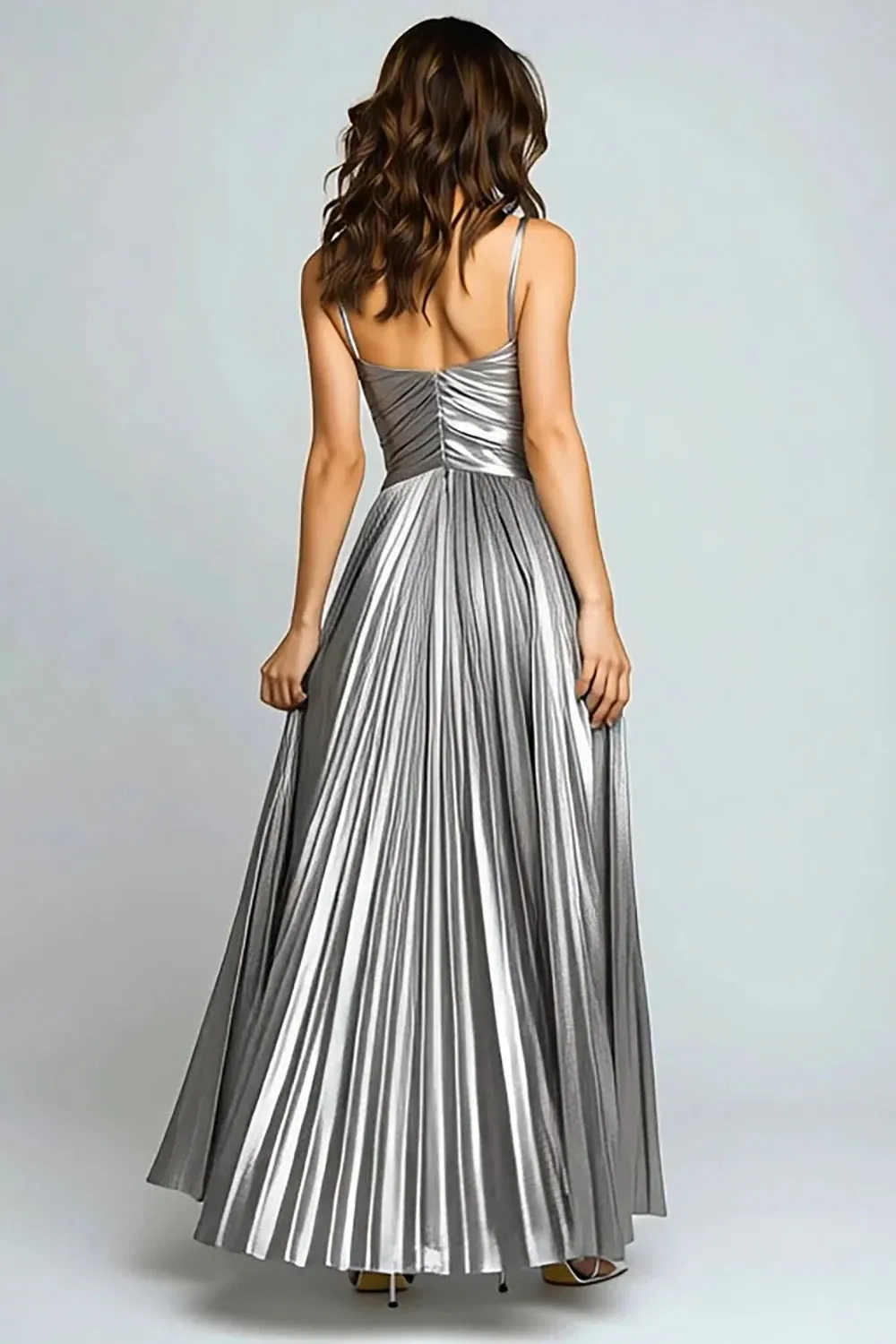 Sliver A Line Metallic Pleated Formal Dress With Slit sold by Zapaka product image thumbnail 2
