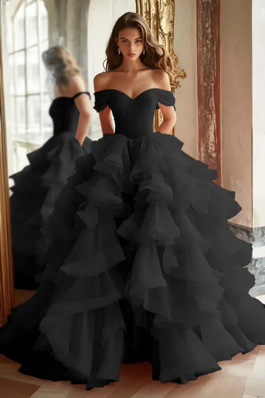 Black Princess Off The Shoulder Tiered Ruffled Long Prom Dress sold by Zapaka
