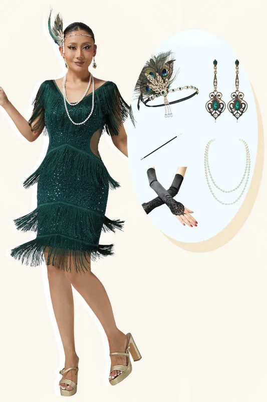 Dark Green Sequin Bodycon Tiered Fringed 1920s Dress with With 5-Piece Accessories Set sold by Zapaka