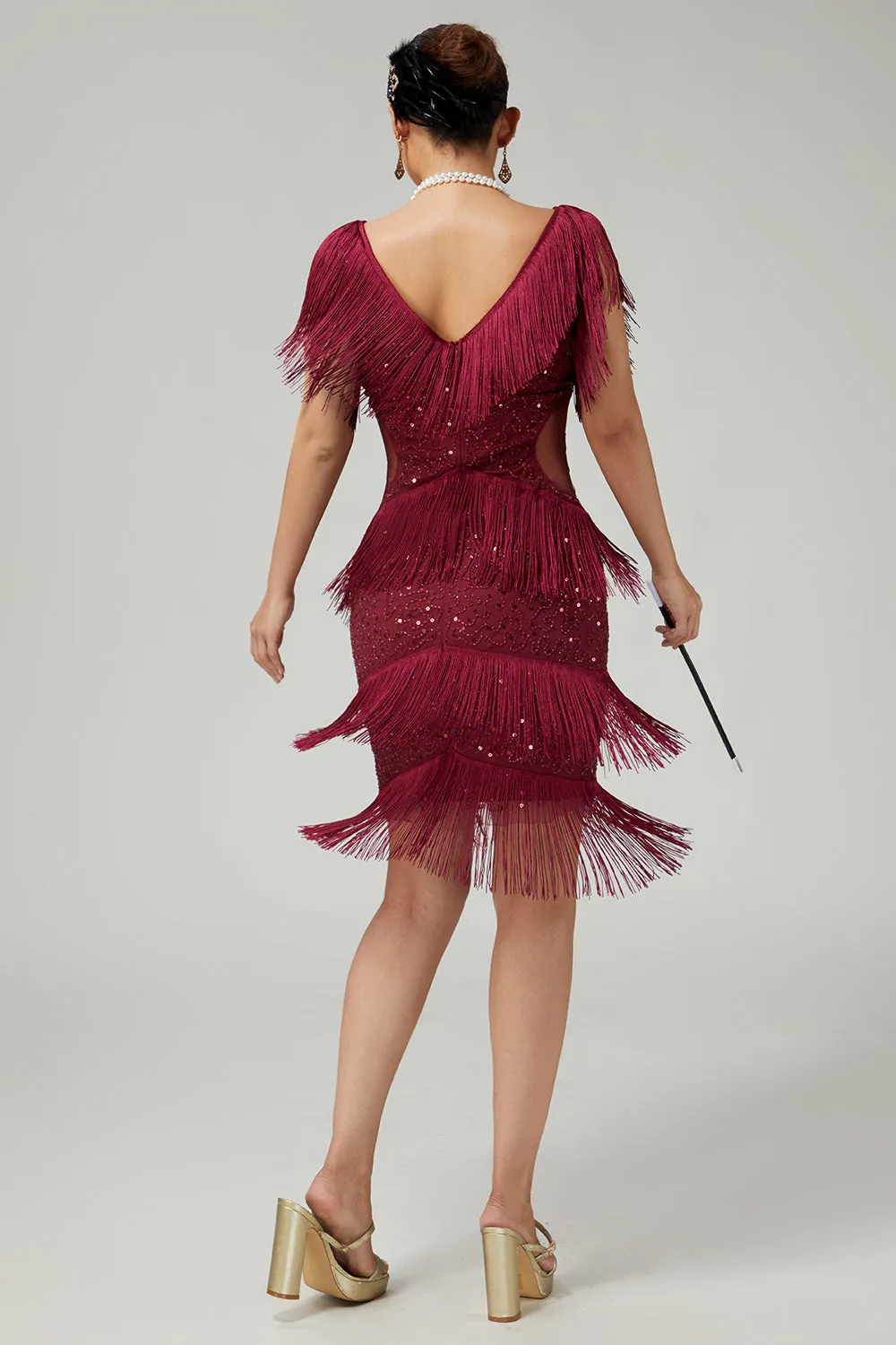 Bodycon Sequin Burgundy Tiered Fringed Sequin 1920s Dress with 5-Piece Accessories Set sold by Zapaka product image thumbnail 2