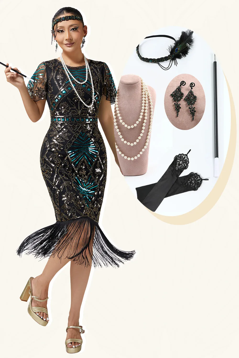 Black Blue Sequin Bodycon Fringed 1920s Dress with with 5-Piece Accessories Set sold by Zapaka