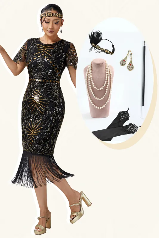 Black Golden Bodycon Fringed Sequin 1920s Dress With 5-Piece Accessories Set sold by Zapaka