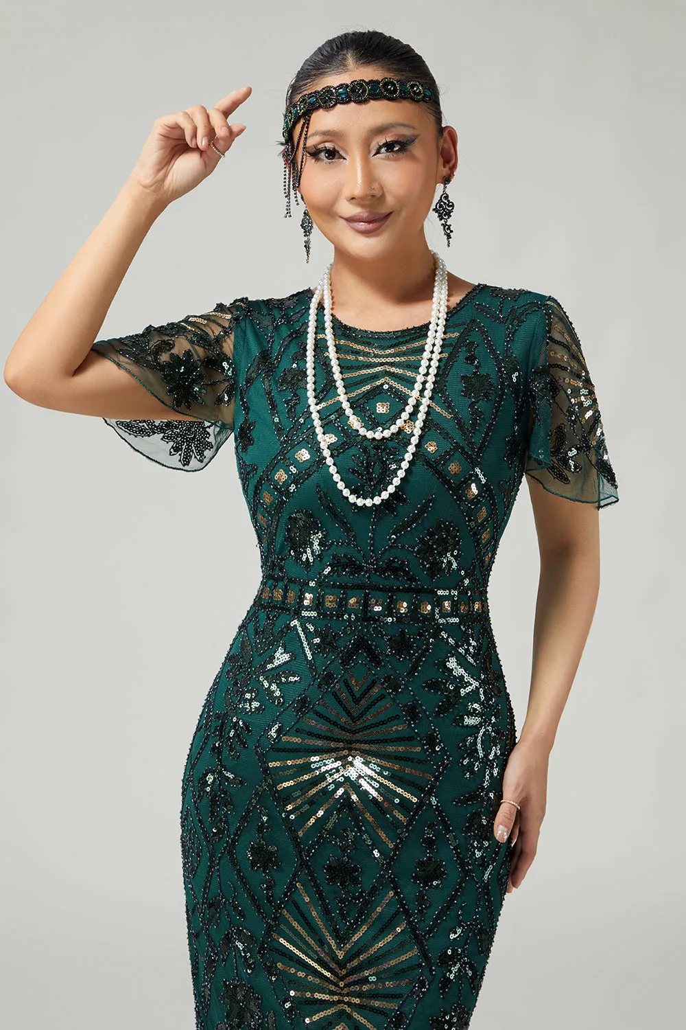 Bodycon Sequin Dark Green Fringed 1920s Dress With 5-Piece Accessories Set sold by Zapaka product image thumbnail 4