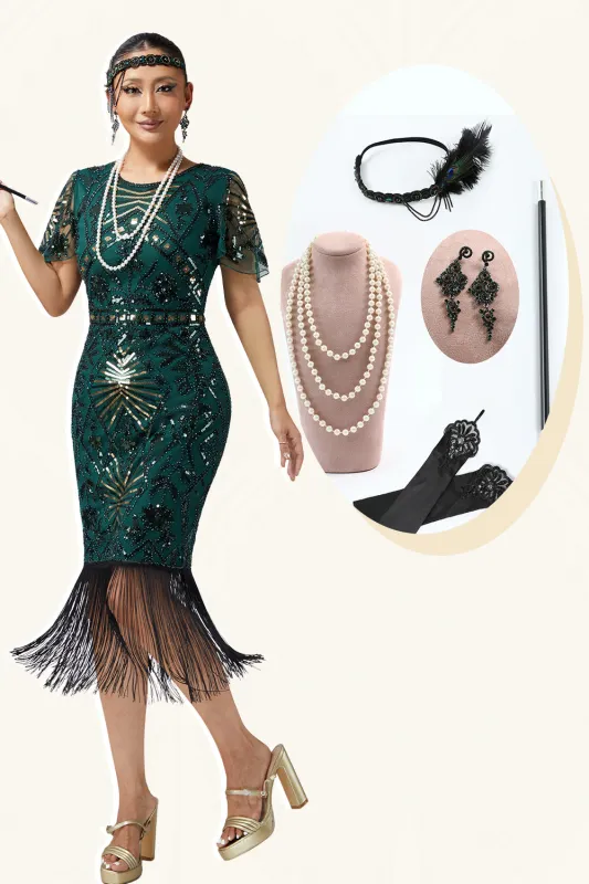 Bodycon Sequin Dark Green Fringed 1920s Dress With 5-Piece Accessories Set sold by Zapaka