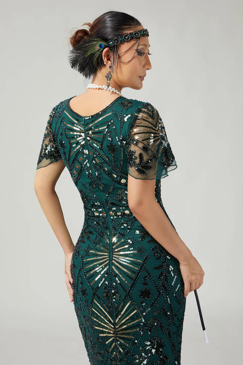 Bodycon Sequin Dark Green Fringed 1920s Dress With 5-Piece Accessories Set sold by Zapaka product image thumbnail 5