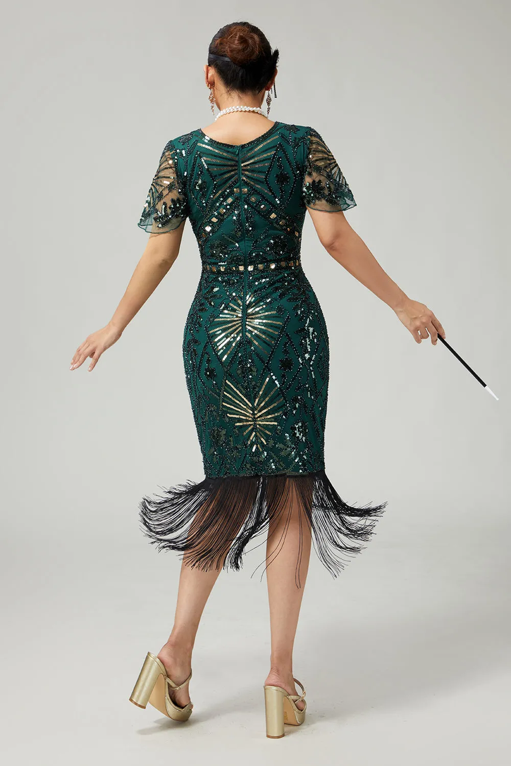 Bodycon Sequin Dark Green Fringed 1920s Dress With 5-Piece Accessories Set sold by Zapaka product image thumbnail 2