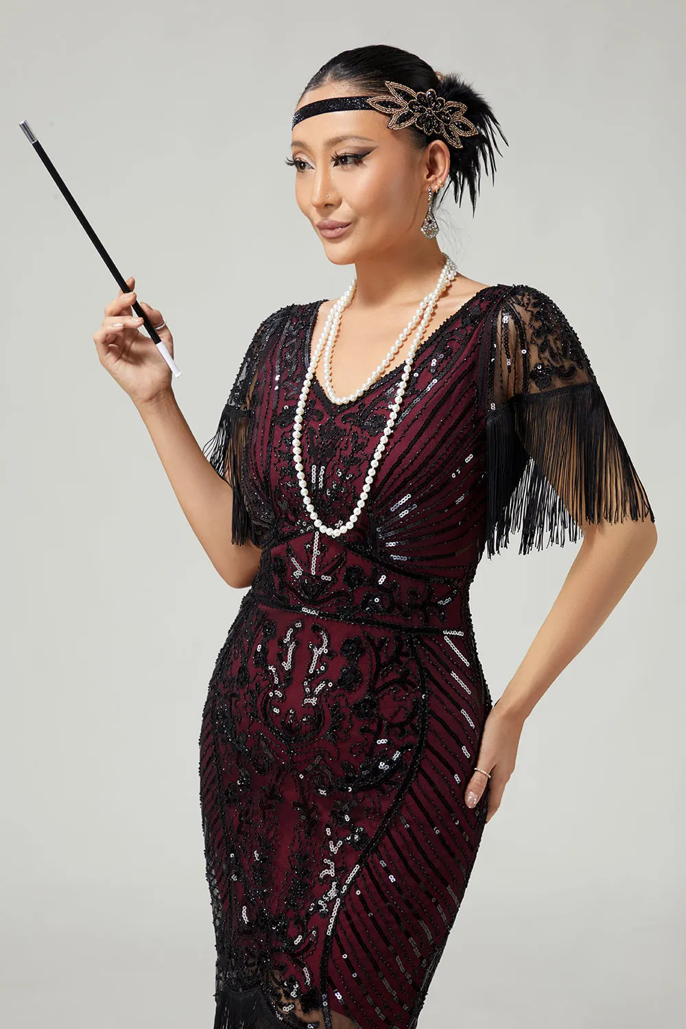 Burgundy Bodycon Sequin Fringed 1920s Dress With 5-Piece Accessories Set sold by Zapaka product image thumbnail 4