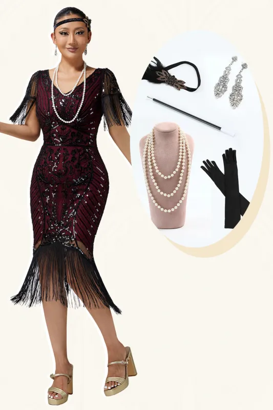 Burgundy Bodycon Sequin Fringed 1920s Dress With 5-Piece Accessories Set sold by Zapaka
