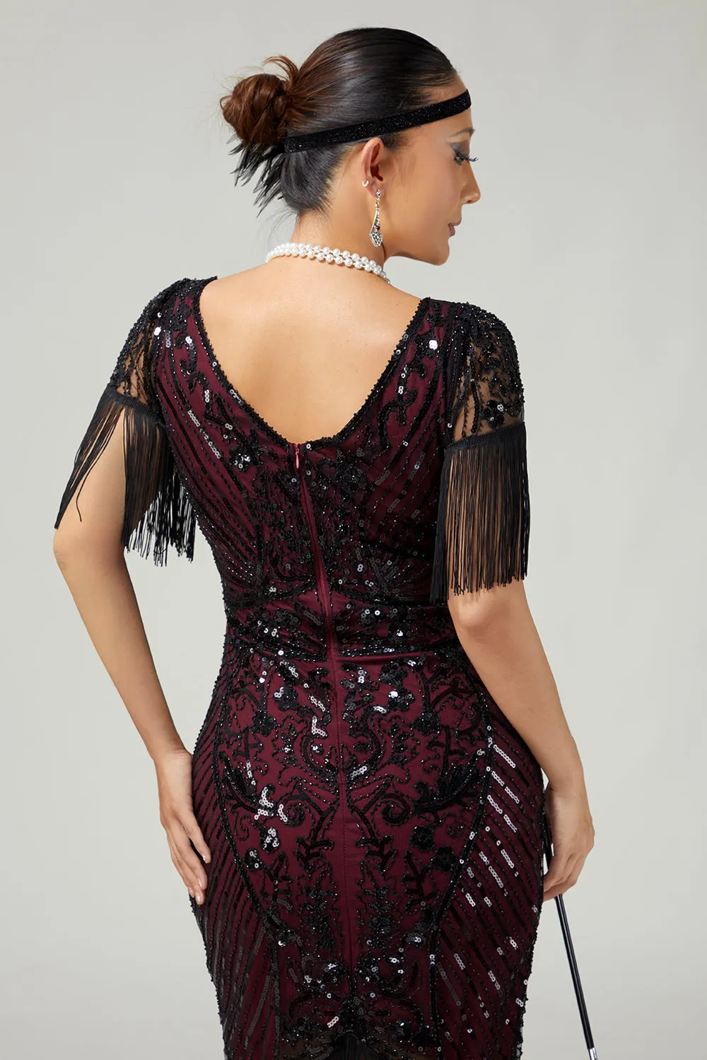 Burgundy Bodycon Sequin Fringed 1920s Dress With 5-Piece Accessories Set sold by Zapaka product image thumbnail 5