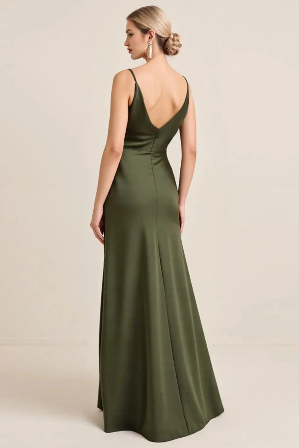 Olive Sheath Satin Maxi Bridesmaid Dress with Slit sold by Zapaka product image thumbnail 2
