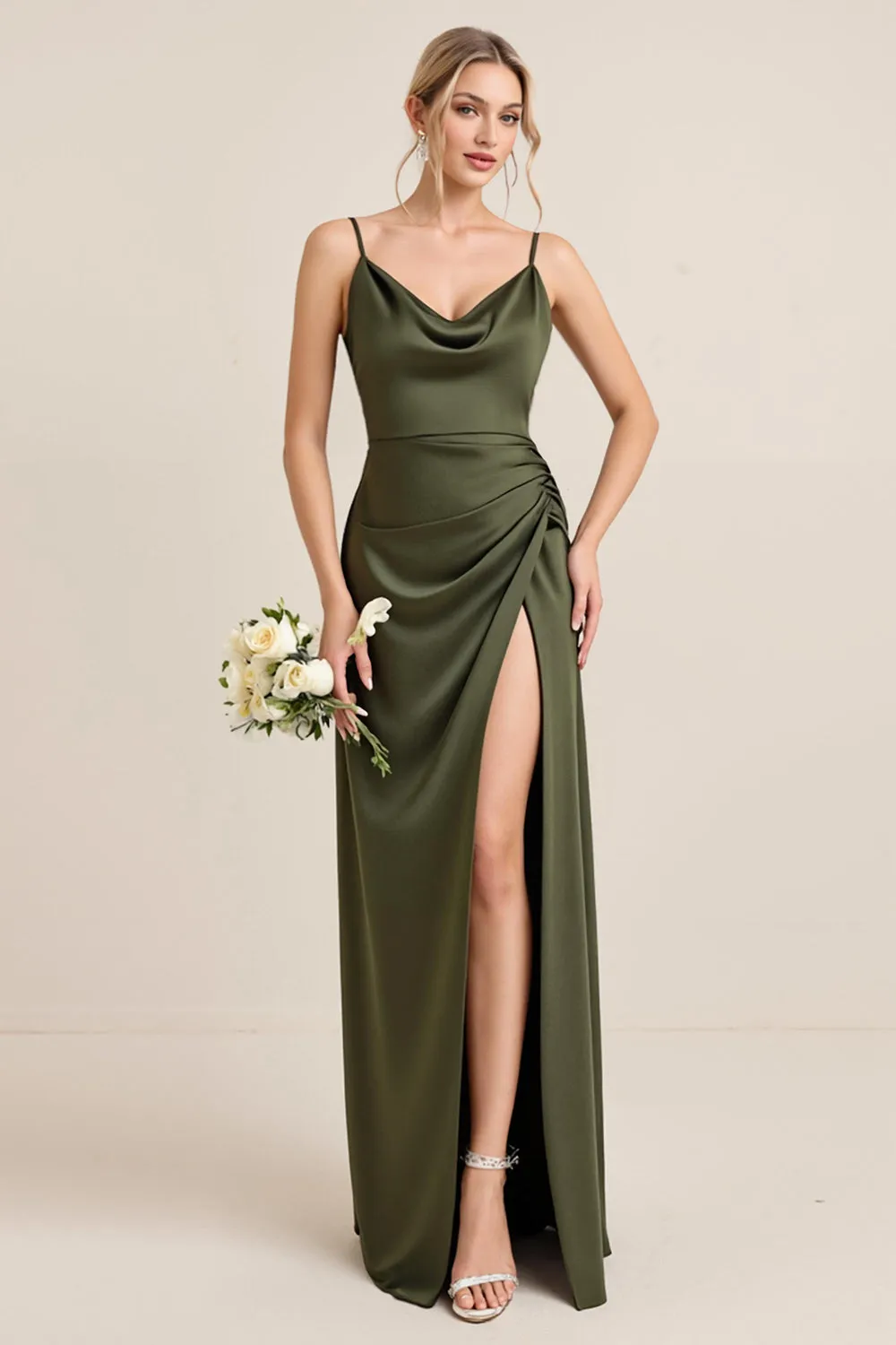 Olive Sheath Satin Maxi Bridesmaid Dress with Slit sold by Zapaka
