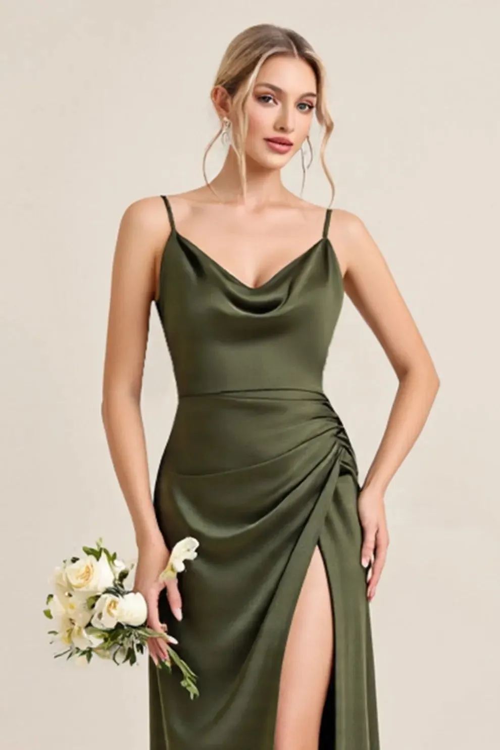 Olive Sheath Satin Maxi Bridesmaid Dress with Slit sold by Zapaka product image thumbnail 3