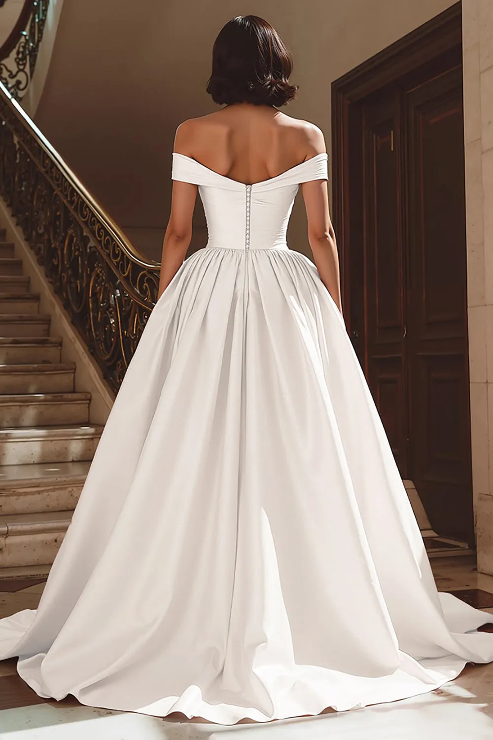 White Off the Shoulder Satin Sweep Train Wedding Dress with Slit sold by Zapaka product image thumbnail 2