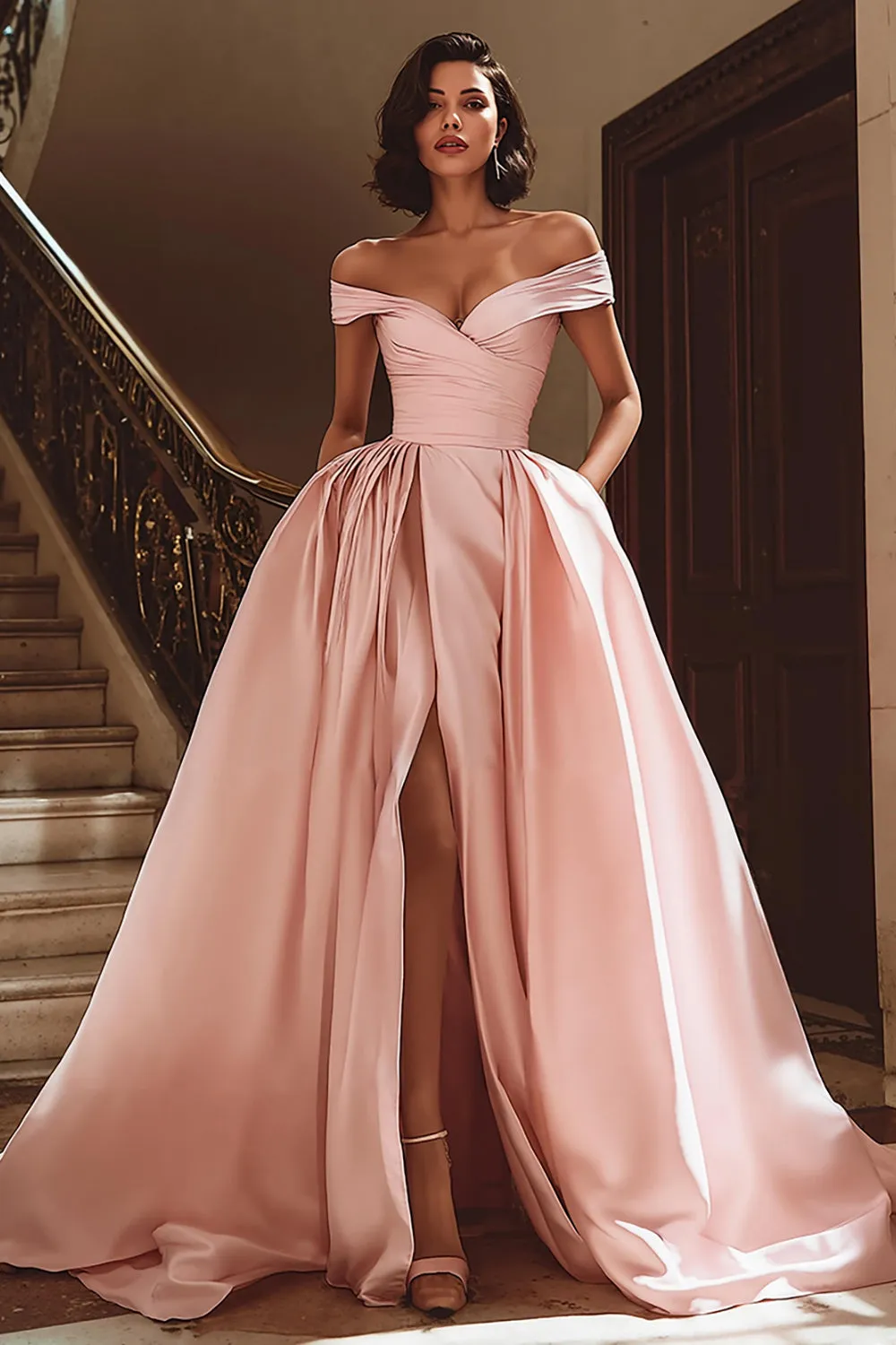 White Off the Shoulder Satin Sweep Train Wedding Dress with Slit sold by Zapaka product image thumbnail 5