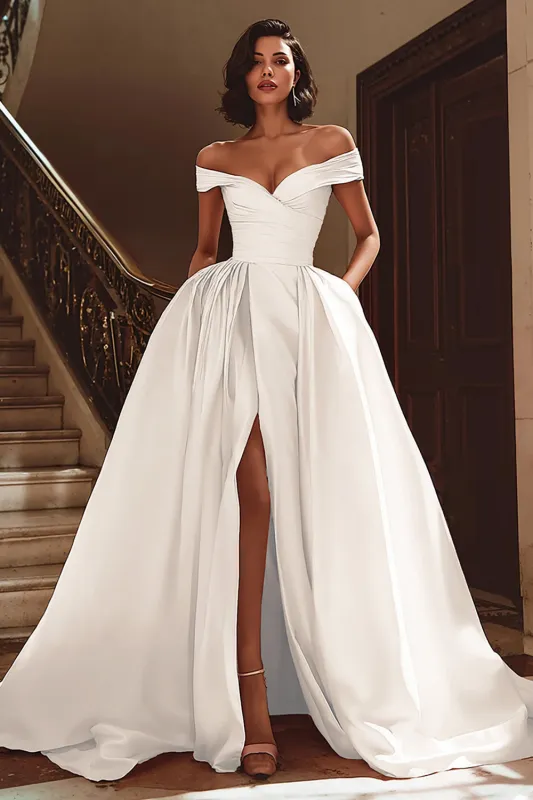 White Off the Shoulder Satin Sweep Train Wedding Dress with Slit sold by Zapaka