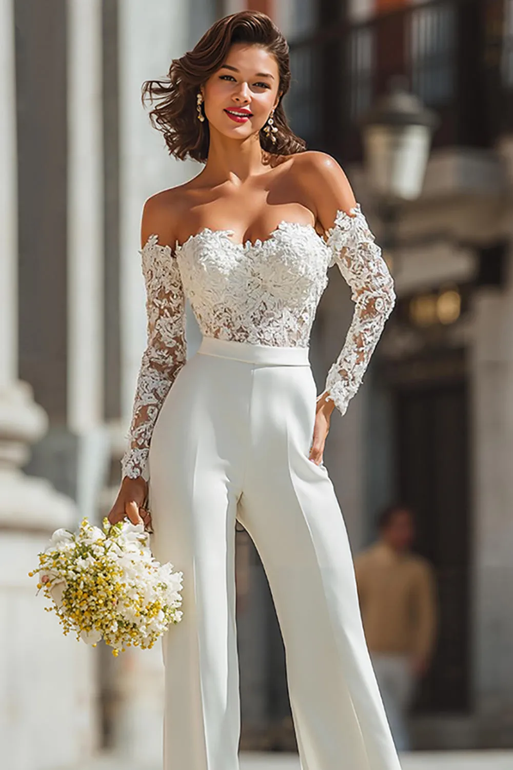 Off The Shoulder Lace White Wedding Jumpsuits sold by Zapaka product image thumbnail 3