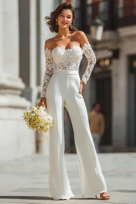 Off The Shoulder Lace White Wedding Jumpsuits sold by Zapaka