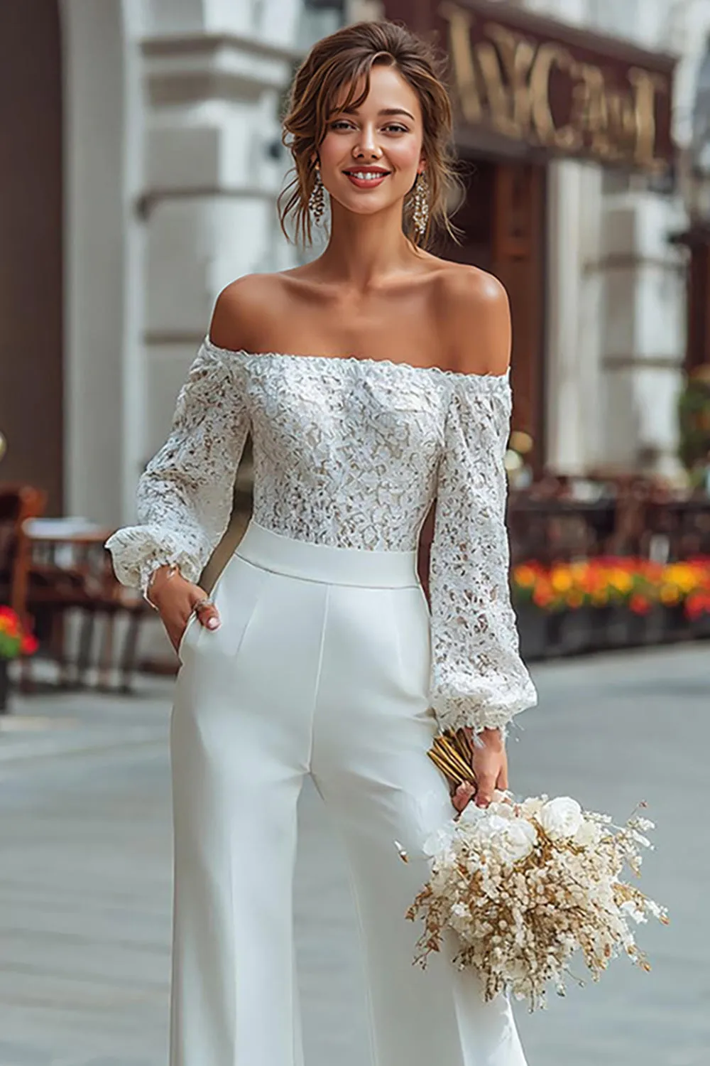 Off The Shoulder White Lace Wedding Jumpsuits sold by Zapaka product image thumbnail 3