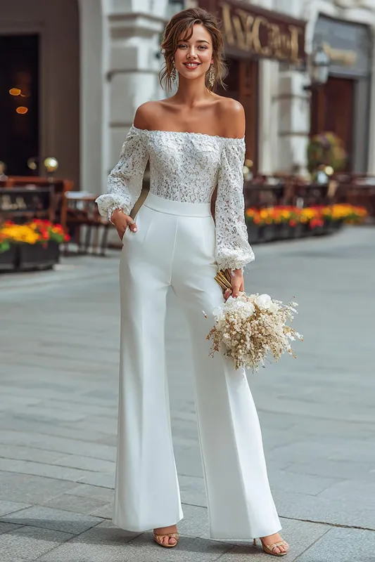 Off The Shoulder White Lace Wedding Jumpsuits sold by Zapaka