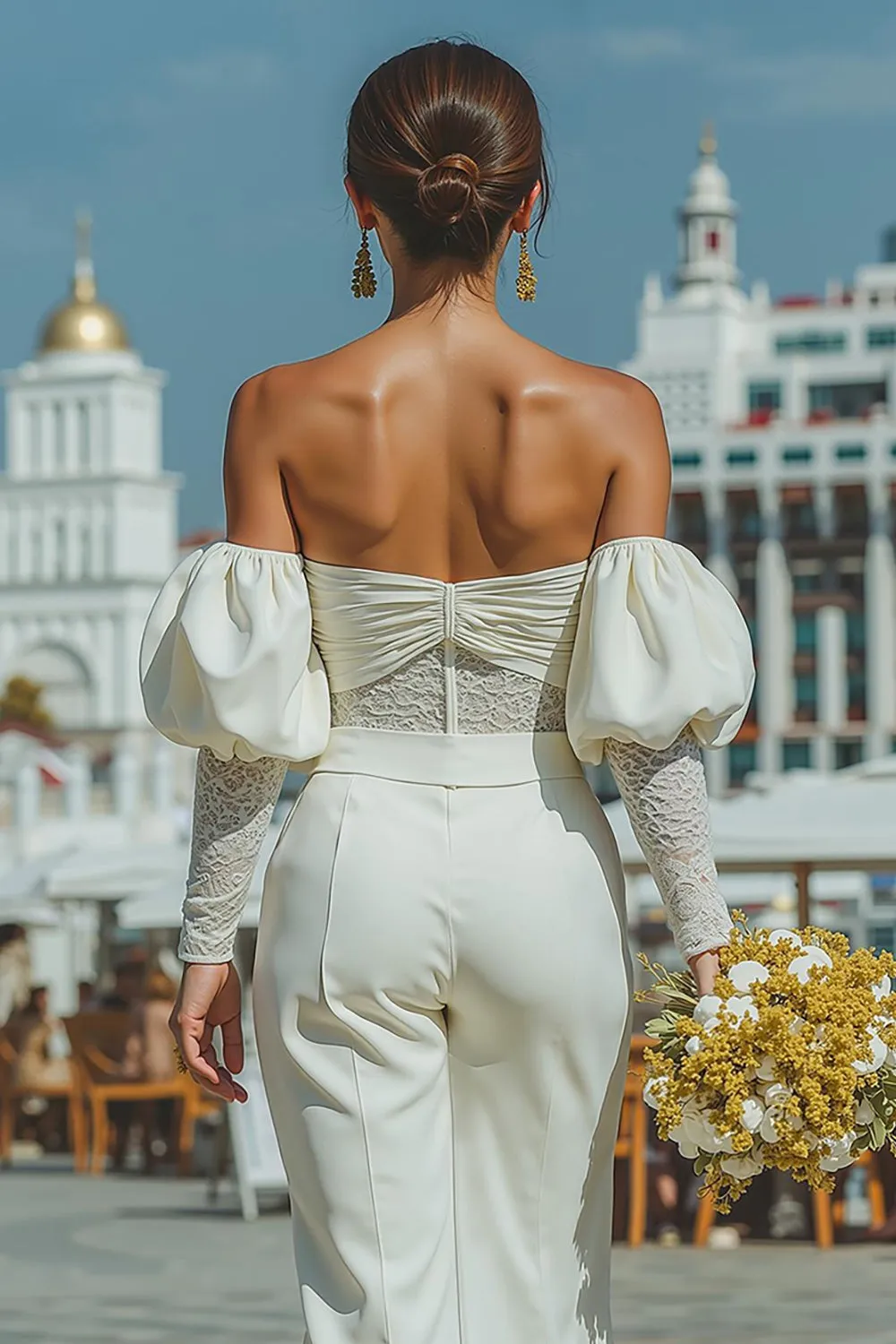 Off The Shoulder Ruched White Lace Wedding Jumpsuits sold by Zapaka product image thumbnail 3