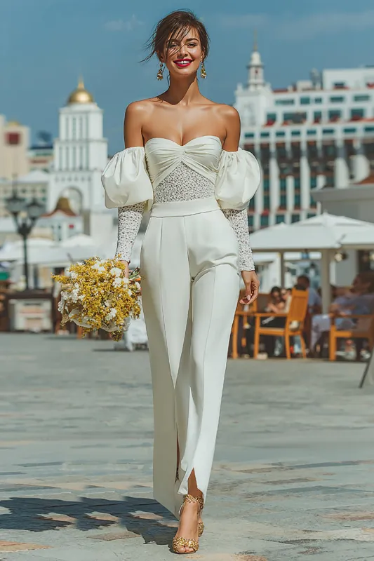 Off The Shoulder Ruched White Lace Wedding Jumpsuits sold by Zapaka
