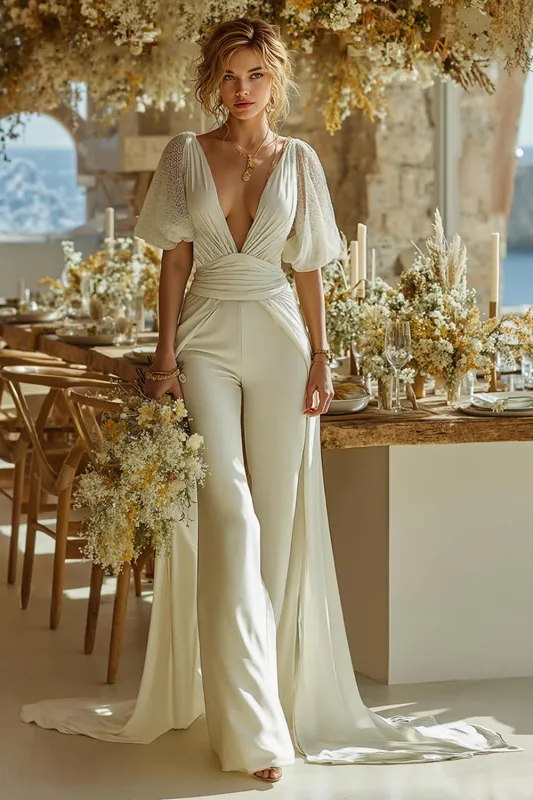 Ivory Ruched Short Sleeve V Neck Wedding Jumpsuits sold by Zapaka