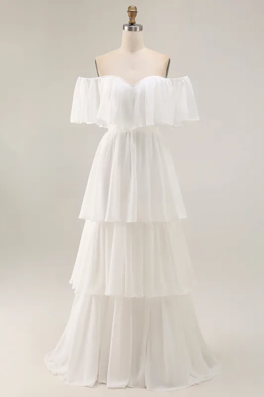 White Off the Shoulder Ruffle Chiffon A Line Wedding Dress sold by Zapaka