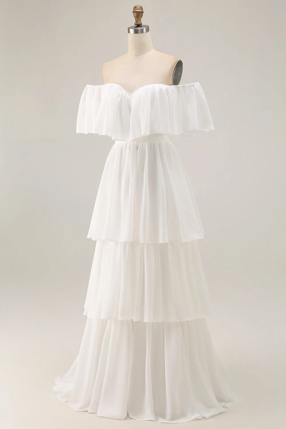 White Off the Shoulder Ruffle Chiffon A Line Wedding Dress sold by Zapaka product image thumbnail 5