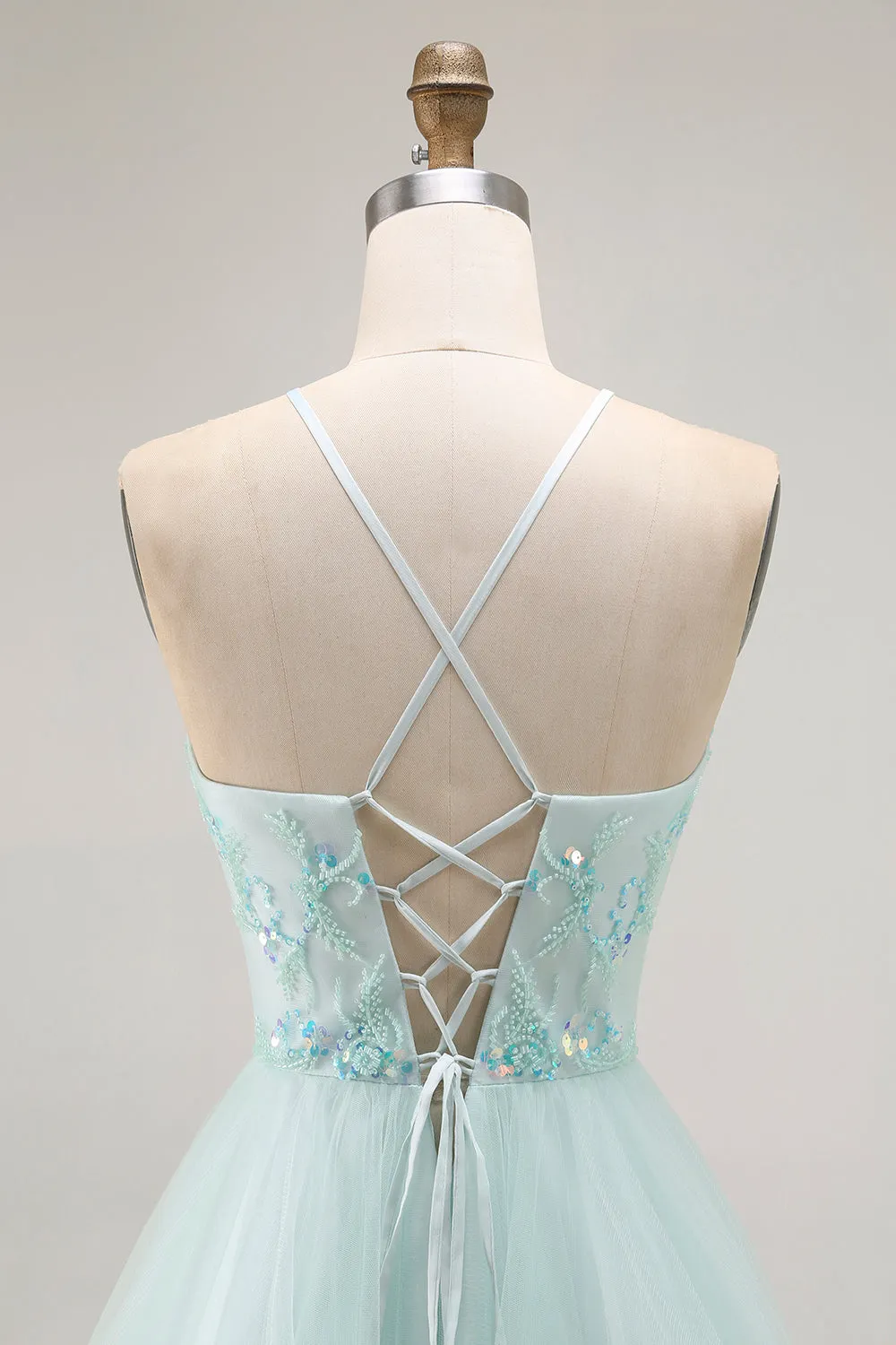 A Line Light Green Appliqued Tulle Long Prom Dress sold by Zapaka product image thumbnail 5