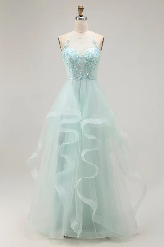 A Line Light Green Appliqued Tulle Long Prom Dress sold by Zapaka