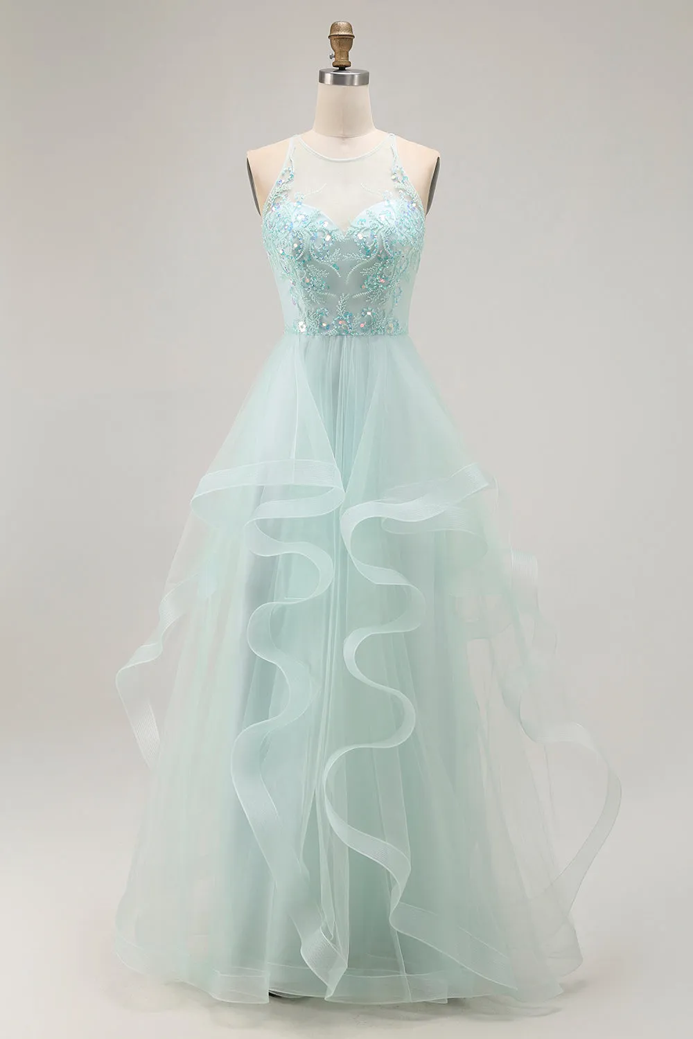 A Line Light Green Appliqued Tulle Long Prom Dress sold by Zapaka