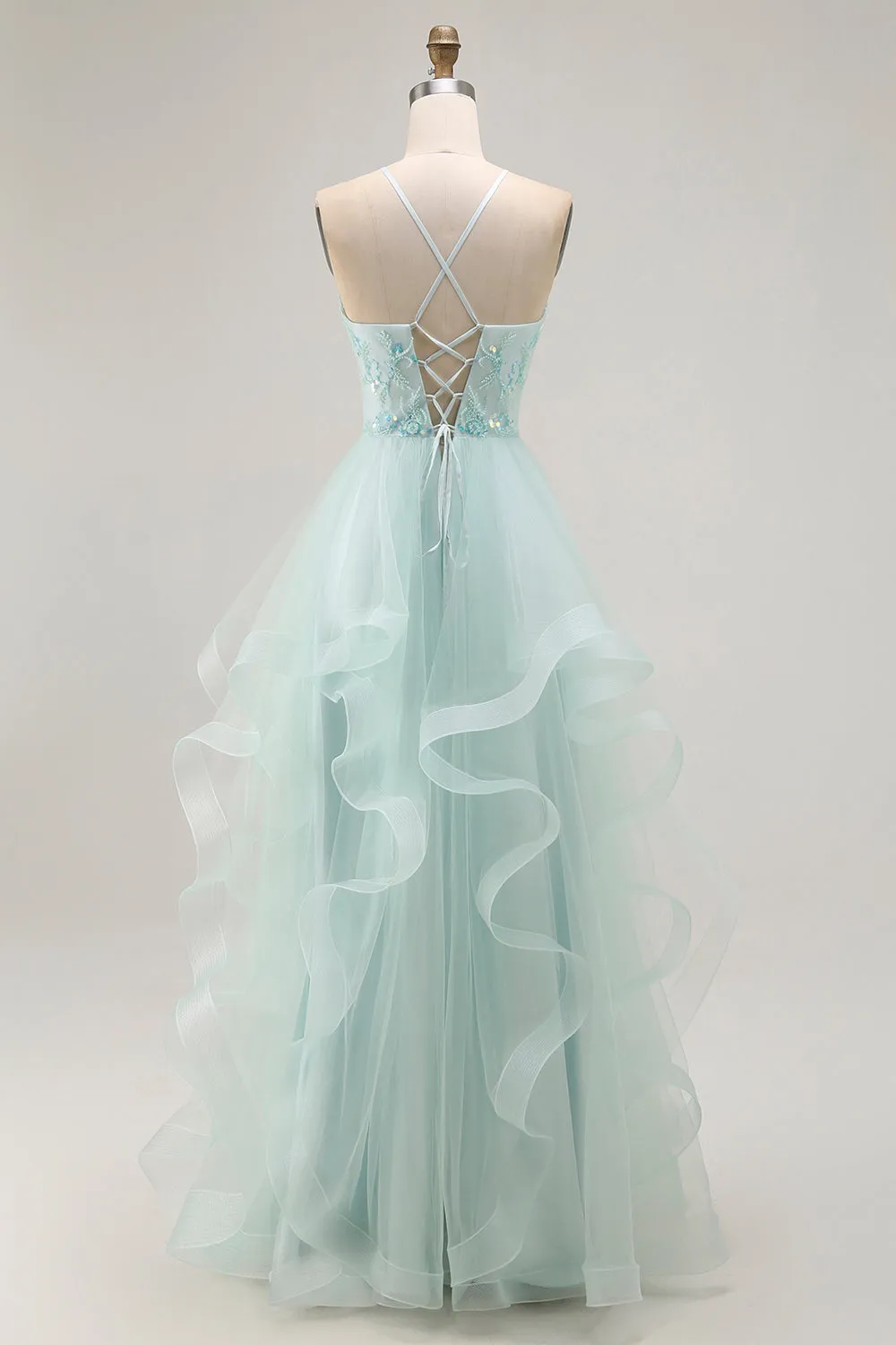A Line Light Green Appliqued Tulle Long Prom Dress sold by Zapaka product image thumbnail 2