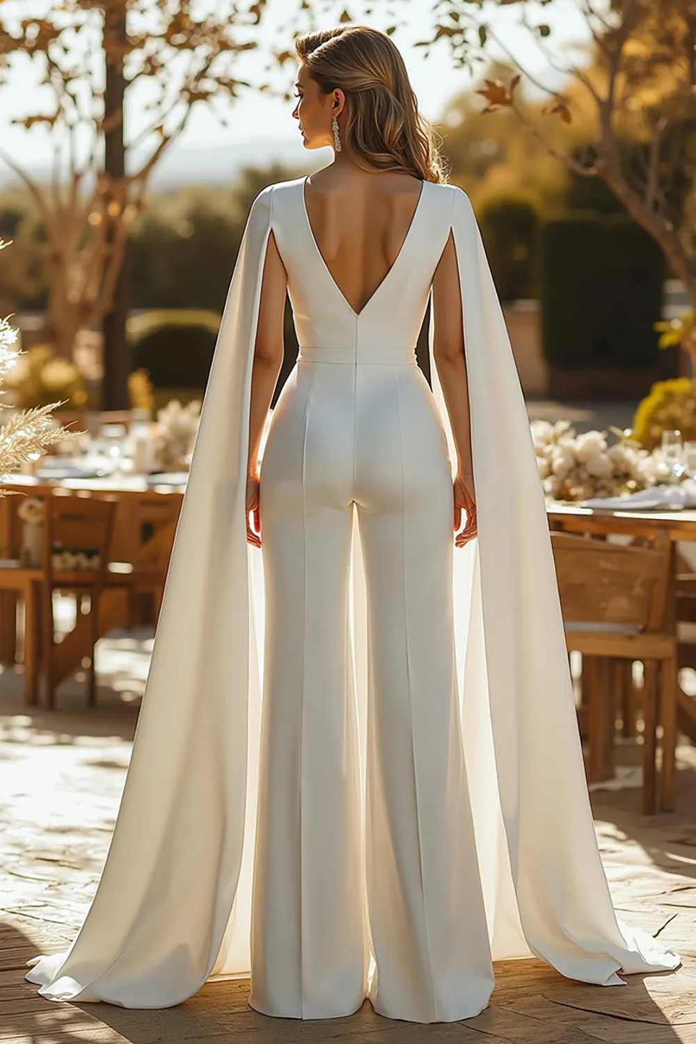 Ivory V Neck Cape Sleeve Wedding Jumpsuits sold by Zapaka product image thumbnail 2